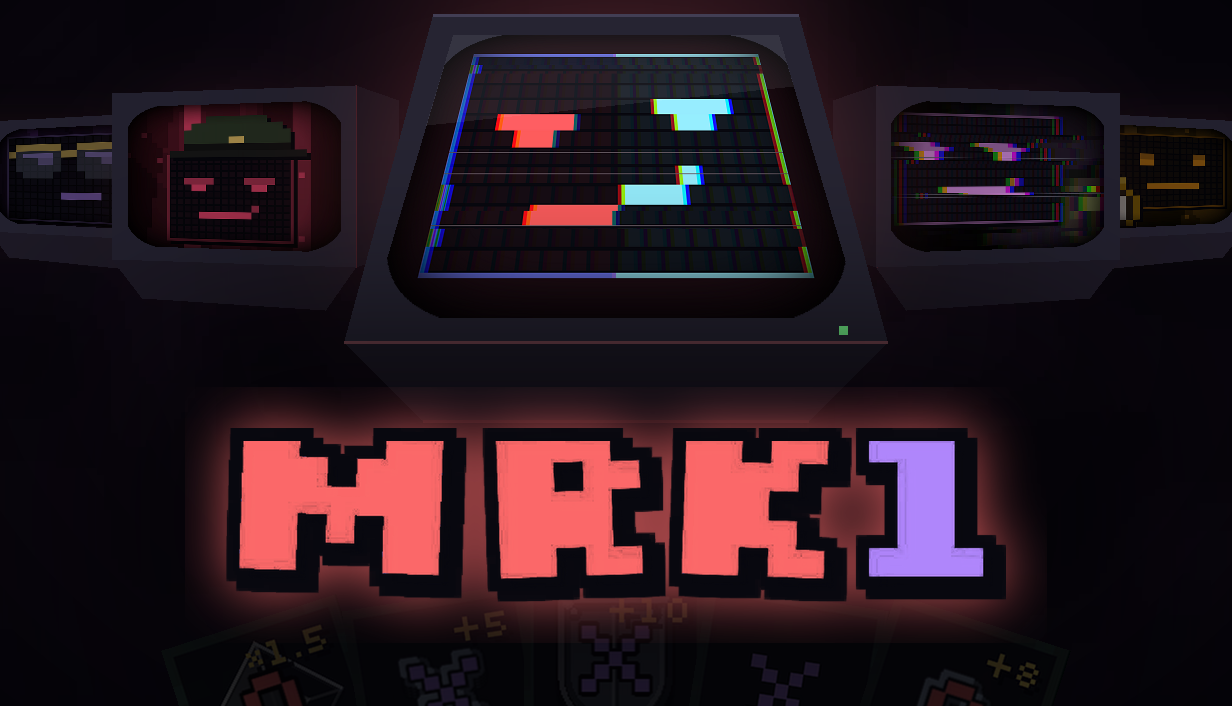 MRK1: a monitor in the middle of a ring of boss-persona monitors, one glitched, above the MRK1 logo