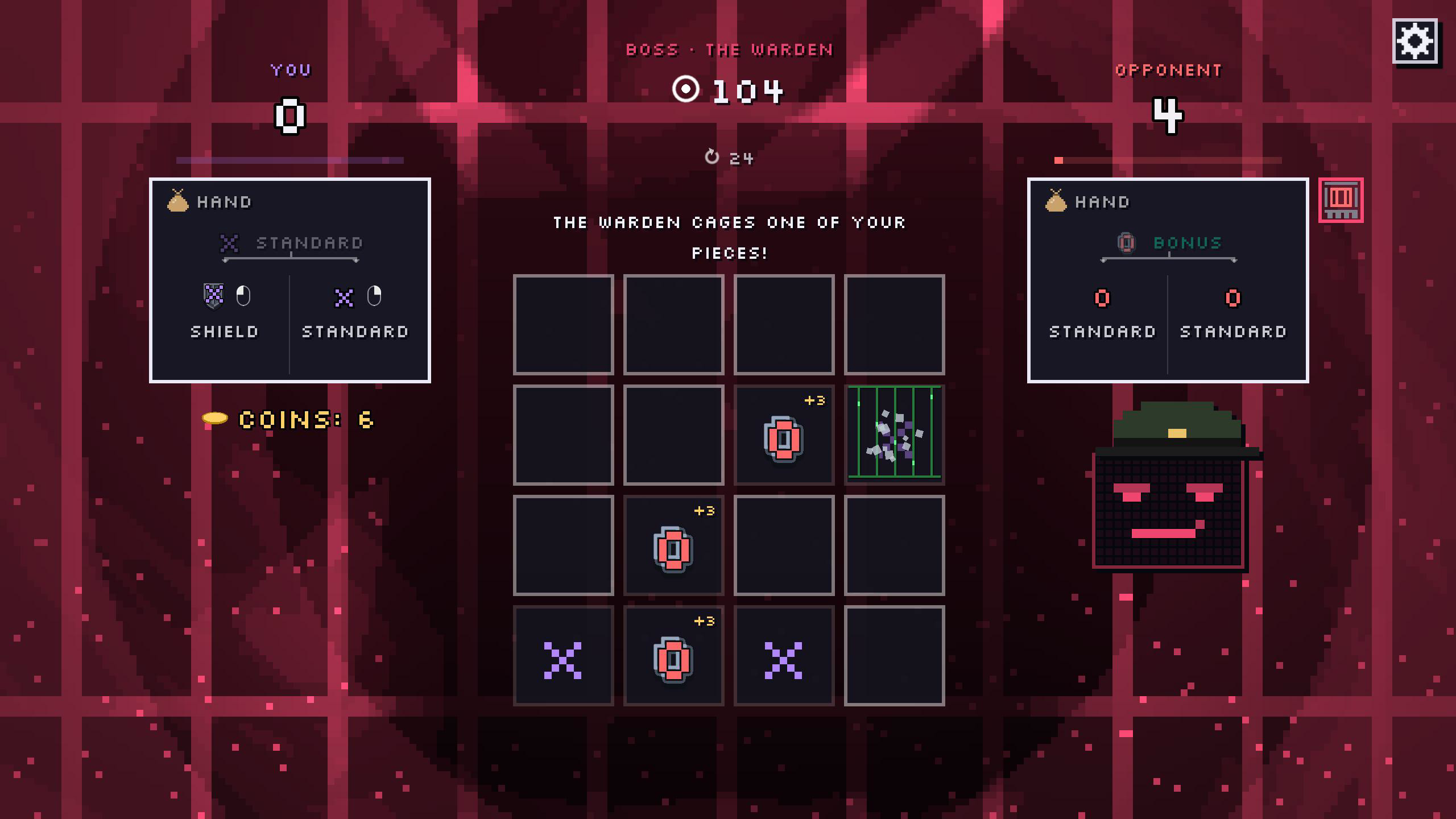 MRK1 screenshot: a boss fight against The Warden, who cages one of the player's pieces